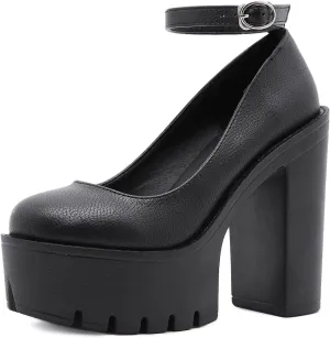 Women's Faux Leather Fashion Round Toe Chunky High Heel Pumps Sexy Ankle Strap Lug Sole Prom Daily Classic Office Lady Work Shoes