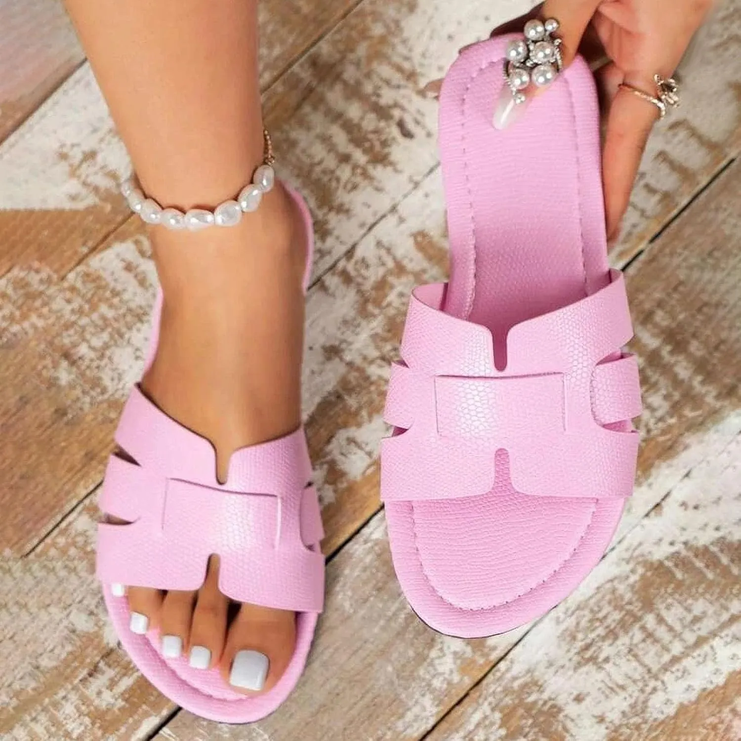 Women's Faux Leather Solid Slipper Open Toe Slip on Sandals Stylish Trendy Casual Slide Vacation Anti-Slip Shoe