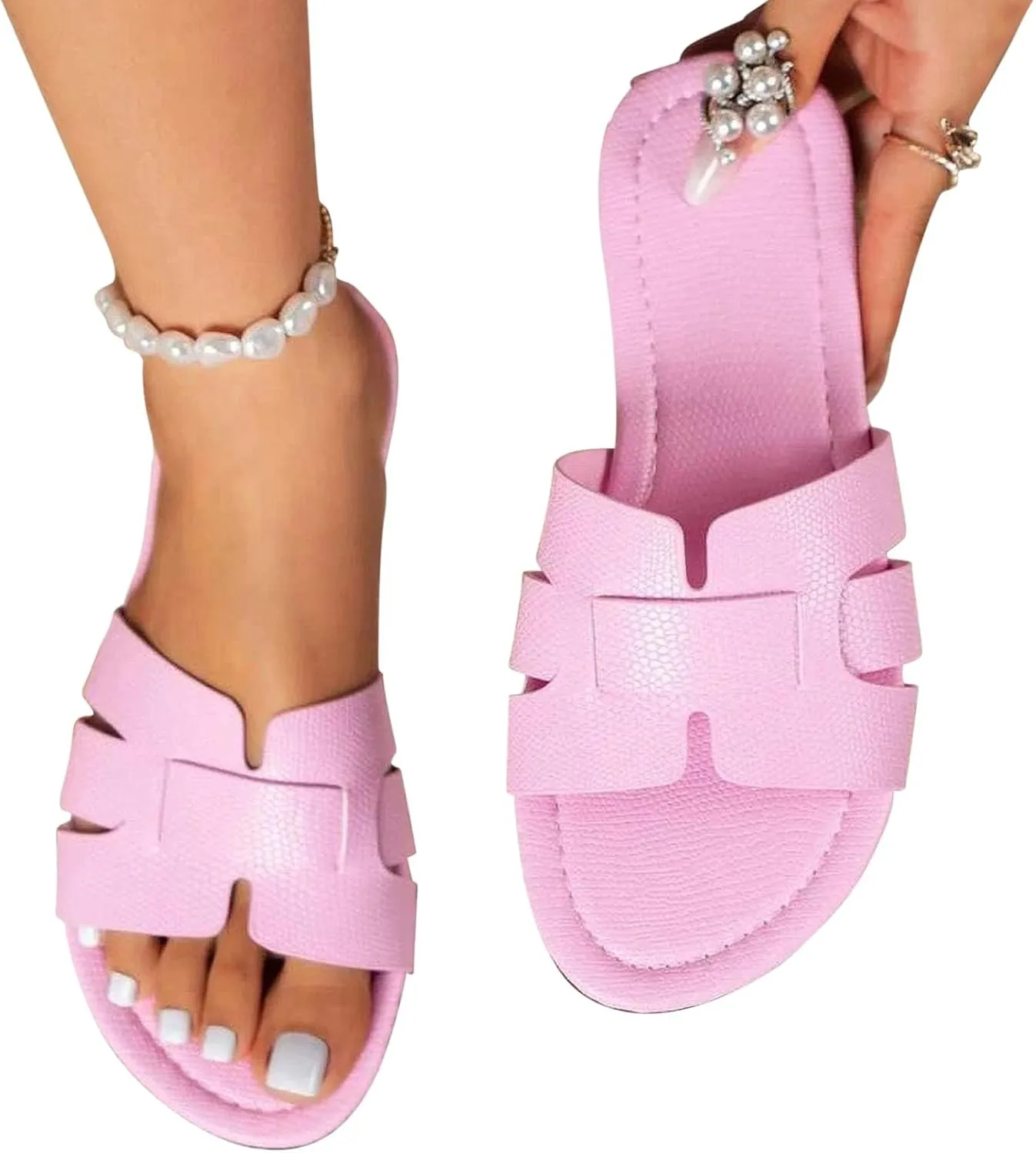 Women's Faux Leather Solid Slipper Open Toe Slip on Sandals Stylish Trendy Casual Slide Vacation Anti-Slip Shoe