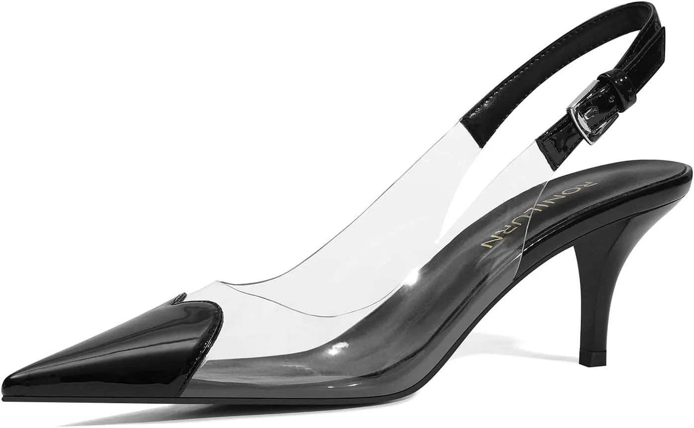 Women's Kitten Heels Clear Slingback Closed Pointed Toe Pumps Low Heel Dress Shoes Sling Back Comfortable Transparent PVC