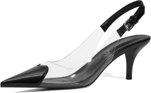 Women's Kitten Heels Clear Slingback Closed Pointed Toe Pumps Low Heel Dress Shoes Sling Back Comfortable Transparent PVC