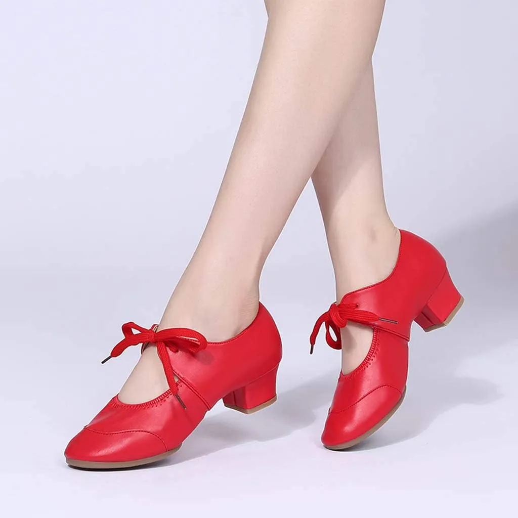 Women's Leather Tap Shoe Latin Dancing Shoes Mid Heel Character Ballroom Wedding Ballet Dance Shoe for Women