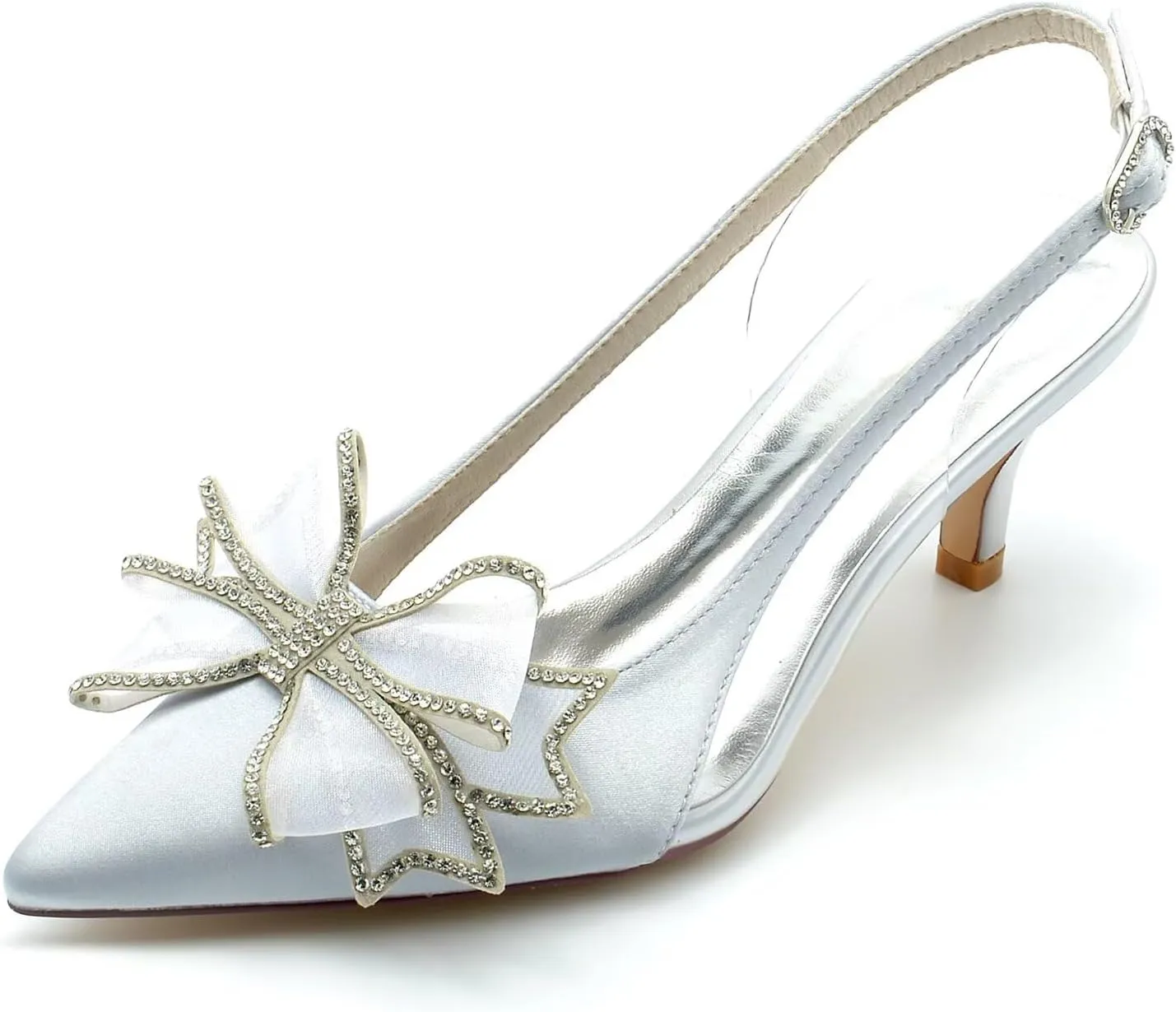 Women's Pointy Toe Mid Heeled Wedding Heels Clear Bridal Shoes Wedding Sandals Kitten Heels for Women with Bow