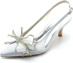Women's Pointy Toe Mid Heeled Wedding Heels Clear Bridal Shoes Wedding Sandals Kitten Heels for Women with Bow