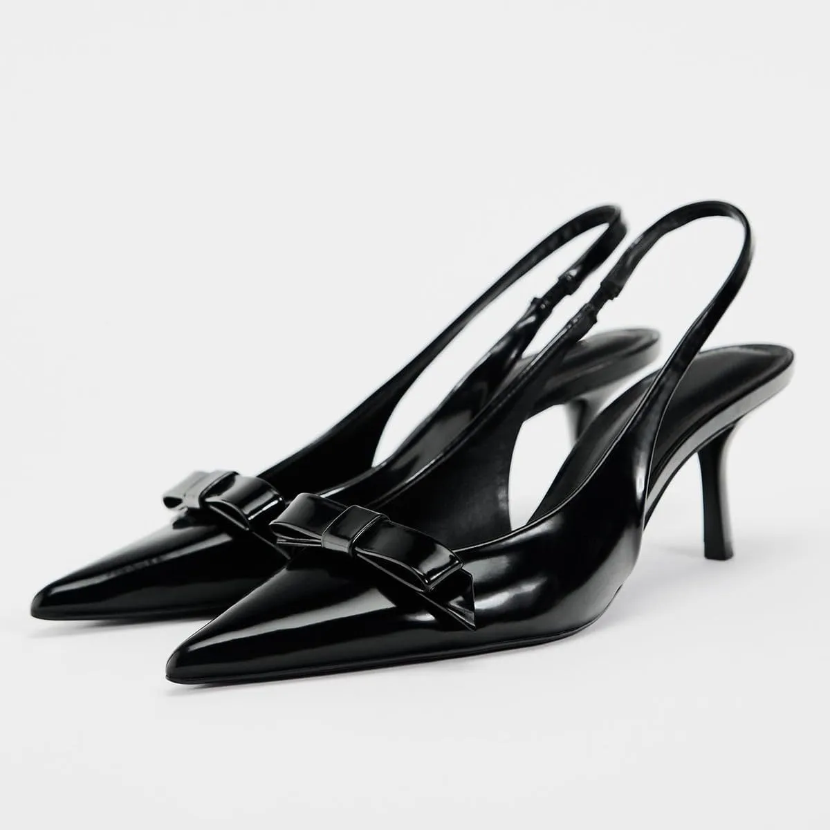Women's Slingback High Heels Mules Faux Patent Leather Pump Bow Detail Buckle Closure Thin Heel Pointed Toe Wedding Party Office Dance Dress Shoes